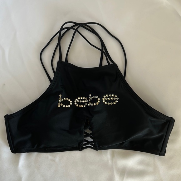 bebe Tops - Bebe Black Bandeaus 28” Bust Halter Top Gold Clasp Glitter Graphic Top Small